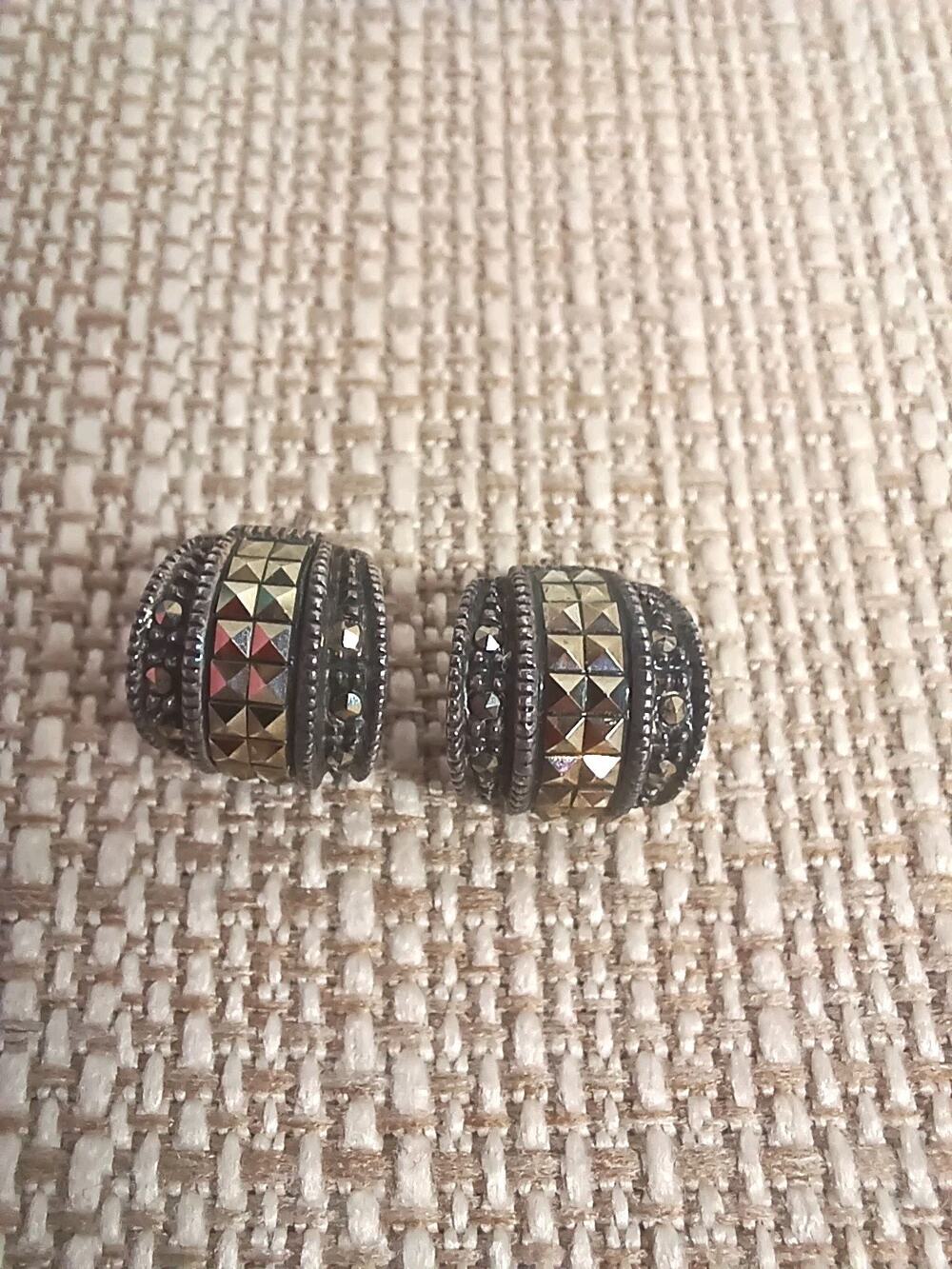 Signed Judith Jack Marcasite Sterling Silver Pierced Earrings Half Hoop Huggie